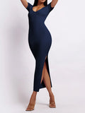 themeisles Split-side Solid Color Skinny Short Sleeves Round-neck Midi Dresses