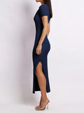 themeisles Split-side Solid Color Skinny Short Sleeves Round-neck Midi Dresses