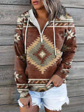 themeisles Women's Hoodie Sweatshirt Pullover Basic Ethnic Zipper Front Pocket Light Yellow Creamy-white Red-brown Geometric Tribal Street Hoodie Long Sleeve S M L XL 2XL 3XL