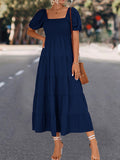 themeisles Split-Joint Solid Color Pleated Elasticity Short Sleeves High Waisted Square-neck Midi Dresses