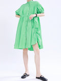 themeisles Solid Color Pleated Asymmetric Short Sleeves Loose Stand Collar Shirt Dress Mini Dresses