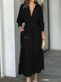 themeisles Solid Color Long Sleeves Lapel Collar Maxi Dresses