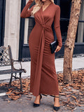 themeisles Solid Color Bowknot Long Sleeves Bodycon V-neck Maxi Dresses