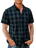 themeisles Men's Summer Casual Cotton Cardigan Shirt Short-sleeved Shirt Men's Shirt Plaid Lapel Shirt S,M,L,XL,XXL