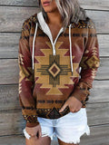 themeisles Women's Hoodie Sweatshirt Pullover Basic Ethnic Zipper Front Pocket Light Yellow Creamy-white Red-brown Geometric Tribal Street Hoodie Long Sleeve S M L XL 2XL 3XL