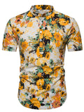 themeisles Men's Summer New Men's Cotton Linen Pullover Stand-up Collar Loose Short-sleeved T-shirt Men's Floral Half-sleeved T-shirt Male