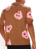 themeisles Men's Summer Printed Shirt Casual Tops Brown Short Sleeve Lapel Shirt