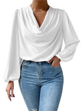 themeisles New Chiffon Pile Collar Pleated Long-sleeved Shirt Lantern Sleeves Loose Draped V-neck Comfortable Casual Tops T-shirt Women