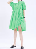 themeisles Solid Color Pleated Asymmetric Short Sleeves Loose Stand Collar Shirt Dress Mini Dresses