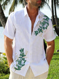 themeisles Men's Short Sleeve Leaf Print Shirt White Lapel Shirt