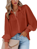 themeisles Urban Style Buttoned Blouse Lantern Sleeves Ruffled Solid Color Collar Loose Shirt Long-sleeved Women's