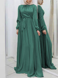 themeisles Tied Waist Solid Color Pleated Loose Long Sleeves Maxi Dresses