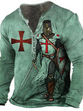 themeisles Men's Henley Shirt T shirt Tee Tee Graphic Templar Cross Soldier Henley Green Purple Light gray Red Brown 3D Print Plus Size Outdoor Daily Long Sleeve Button-Down Print Clothing Apparel Basic