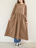 themeisles Casual Loose Long Sleeves Solid Color Round-Neck Midi Dresses