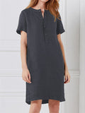 themeisles Solid Color Cotton Linen Loose Short-sleeved Mid-length Female Dresses