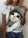 themeisles Summer Women's T-shirt Pattern Cat 3D Print Women's Tops Round Neck Regular Section