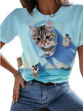 themeisles Blue Short-sleeved Summer T-shirt Female Cute Kitten Round Neck Cartoon Cartoon Print Women's Clothing