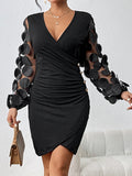 themeisles Solid Color Polka-Dot Mesh Elasticity Buttoned Long Sleeves High Waisted Deep V-Neck Mini Dresses