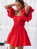 themeisles Sexy One-neck Off-the-shoulder Bubble Sleeve Elastic Waist Clear Big Swing Dress