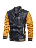 themeisles Men's Solid Color Insert Color Collision Threaded Cuffs PU Leather Jacket Men's Casual Stand-up Collar Zipper Jacket Man