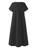 themeisles Simple Solid Color U-Neck Pleated Short Sleeves Maxi Dress