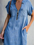 themeisles Fashion Zipper Slim Blue Denim Short-sleeved Dress