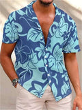 themeisles Men's Short Sleeve Lapel Shirt Hawaii Shirt Blue Gray White Men's Short-sleeved Shirt