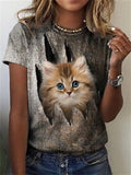 themeisles Women's 3D Cat Print Round Neck Short-sleeved T-shirt Female Summer Brown White