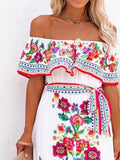 themeisles Off Shoulder Floral-Print Swing Cold Shoulder Dresses White Dresses