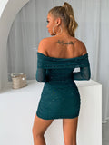 themeisles Glitter Mesh Off-Shoulder Ruched Mini Dress