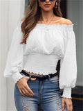 themeisles Pure Color Sexy One Shoulder Ruffle Waist Chiffon Shirt Loose Type Bubble Sleeve Long Sleeve Top Temperament Commuter T-shirt