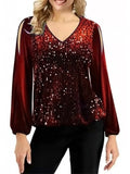 themeisles Spring and Summer V-neck Pullover Tops Beaded Patchwork Leakage Shoulder Fashion Lantern Sleeve Women's T-shirt