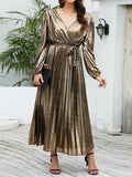 themeisles Tied Waist Solid Color Pleated Elasticity Bronzing Puff Sleeves Loose V-Neck Midi Dresses