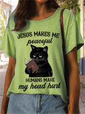 themeisles Short-sleeved Female T-shirt Text To Read A Book Black Cat Print Pink Green White Blue Gray