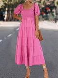 themeisles Split-Joint Solid Color Pleated Elasticity Short Sleeves High Waisted Square-neck Midi Dresses