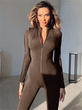 themeisles Women's Jumpsuit Zipper Solid Color Crew Neck Active Street Sport Regular Fit Long Sleeve Brown White Black S M L Winter