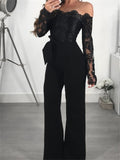 themeisles Women's Sexy  Blue Black Wine Jumpsuit Floral Tulle Chiffon Lace / Wide Leg