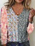 themeisles Women's New Hot Sale V-Neck Botanical Floral Tie-Dye Pearl Button Long Sleeve T-Shirt Top