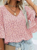 themeisles New Fashion Women's Summer Floral V-neck Chiffon Shirt Ruffle Sleeve Three-quarter Sleeve Temperament Elegant Loose Pullover T-shirt