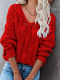 themeisles Women's Jumper Crochet Knit Hollow Out Knitted Solid Color V Neck Stylish Sexy Daily Going out Drop Shoulder Winter Fall Blue Orange S M L / Long Sleeve / Sweater / Regular Fit