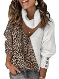 themeisles Autumn and Winter New Women's Leopard Print Color Blocking Temperament V-neck Loose Scarf Hollowed Knitwear