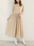 themeisles Casual Loose Long Sleeves Solid Color Round-Neck Midi Dresses