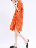 themeisles Solid Color Pleated Asymmetric Short Sleeves Loose Stand Collar Shirt Dress Mini Dresses