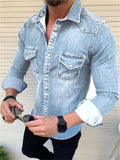 themeisles Men's Denim Shirt Solid Color Collar Black Blue Royal Blue Light Blue Gray Street Daily Long Sleeve Button-Down Clothing Apparel Denim Casual Comfortable Pocket