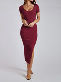 themeisles Split-side Solid Color Skinny Short Sleeves Round-neck Midi Dresses