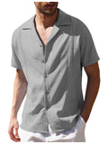 themeisles Men's Loose Simple Solid Color Lapel Casual Linen Shirt Short-sleeved Beach Shirt