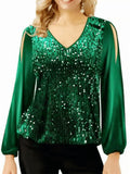 themeisles Spring and Summer V-neck Pullover Tops Beaded Patchwork Leakage Shoulder Fashion Lantern Sleeve Women's T-shirt