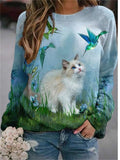 themeisles Ladies 3d Printed Cat Cartoon New Women's Round Neck Plus Size Sweatshirt