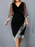 themeisles Golden Velvet Temperament Elegant V-neck Irregular Sequin See-through Mesh Ladies Dresses