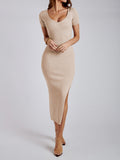 themeisles Split-side Solid Color Skinny Short Sleeves Round-neck Midi Dresses